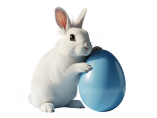 White rabbit sitting next to large blue easter egg isolated on transparent background