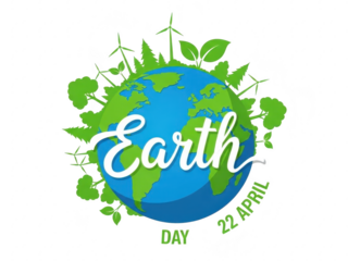 Earth day logo with green leaves and blue globe on transparent background