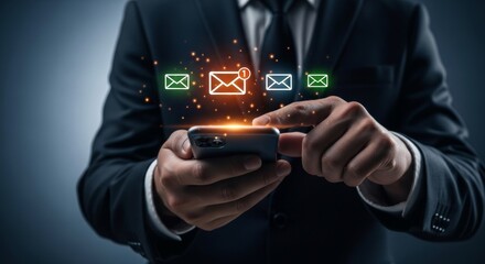Businessman checking email notifications on smartphone with digital icons