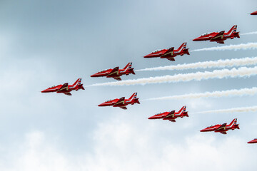 Obraz premium Sola, Norway - June 16 2024: Group of jet air planes performing a display.