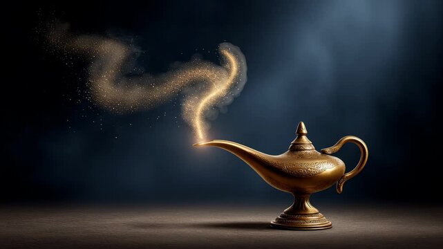 Magical brass lamp releasing swirling golden smoke in a continuous flow, showcasing the enchanting transformation of mystical energy into a captivating visual spectacle of wonder and intrigue
