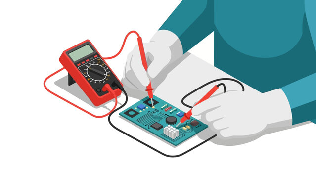 Engineer working with multimeter and circuit board in isometric style