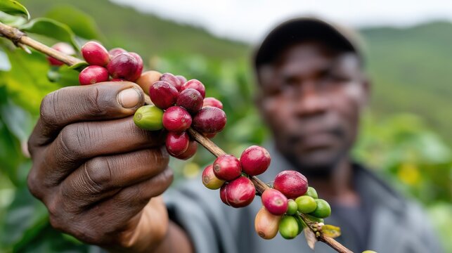 African mature male farmer harvesting red coffee berries on plantation - Powered by Adobe