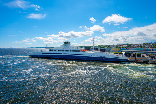 Horten, Norway - June 23 2024: basto fosen ferry docked at port on sunny day.
