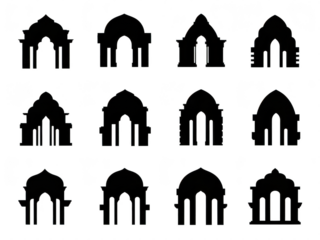 Collection of various architectural arches in black silhouette on transparent background