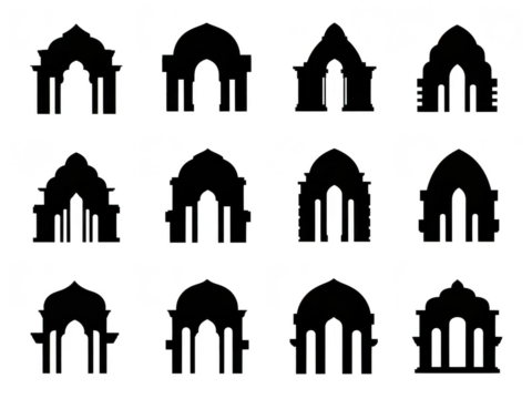 Collection of various architectural arches in black silhouette on transparent background - Powered by Adobe