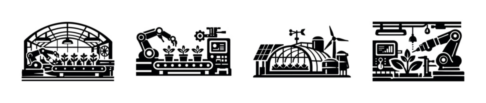 Smart agriculture vector icons set: automated farming, greenhouse, robotics