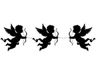 Three black silhouette cherubs holding bows and arrows flying in air isolated on transparent background