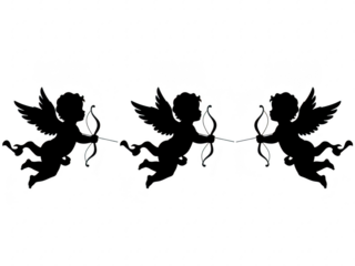 Three black silhouette cherubs holding bows and arrows flying in air isolated on transparent background