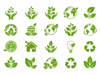 A set of green eco friendly icons on a transparent background