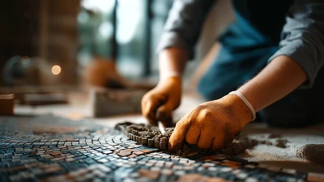Close up of faceless gloved hand carefully laying small decorative mosaic floor tiles defocused trowel spreading tile adhesive background home renovation detail work