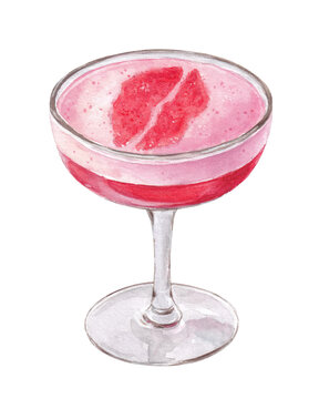 Pink foamy cocktail with red lips garnish, watercolor strawberry drink, Valentine's Day card