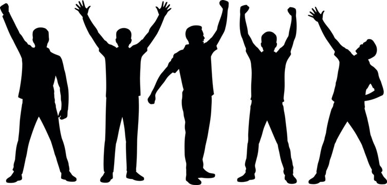 Diverse group of five men silhouetted with arms raised in various poses of celebration and triumph