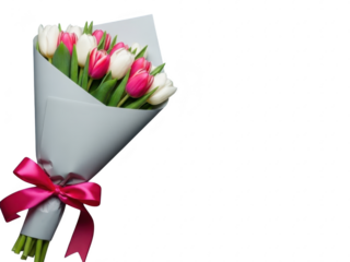 Bouquet of pink and white tulips wrapped in paper with ribbon on transparent background
