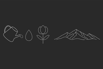 Minimalist Nature Icons Set Featuring Flower, Mountains And Watering Can