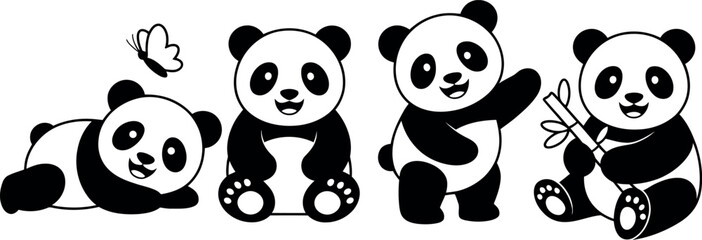 Obraz premium Four adorable cartoon pandas depicted in various playful poses with a small butterfly flying nearby isolated on a transparent background