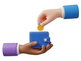 3d illustration of hands exchanging money with wallet and coin isolated on transparent background
