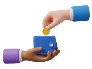 3d illustration of hands exchanging money with wallet and coin isolated on transparent background