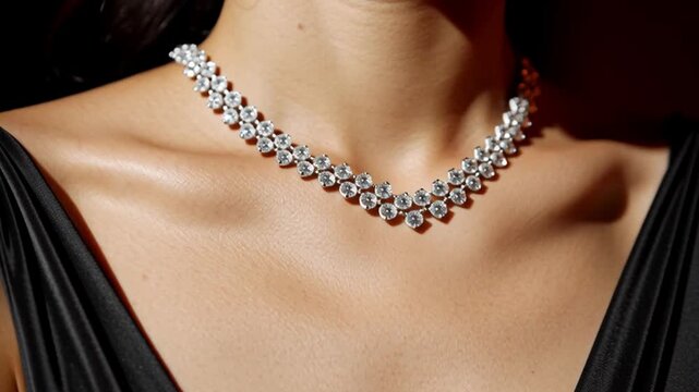 A model showcases an elegant necklace made of sparkling gems. The setting is well-lit, allowing the jewelry to catch the eye. The focus is on the necklace and the model during an evening event.