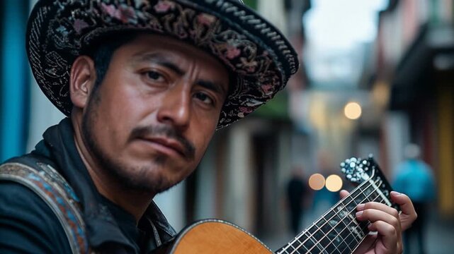 traditional charro mariachi playing guitar with mexican house video