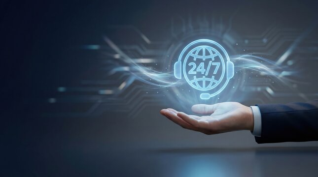 Hand holding a glowing 24/7 global customer support headset icon with digital network background