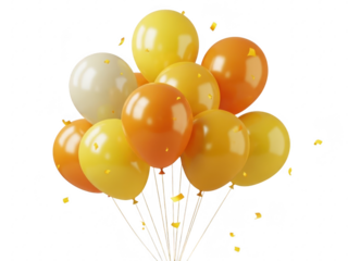 A bunch of orange and yellow balloons floating in the air isolated on transparent background