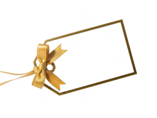 A gold gift tag with a ribbon on a transparent background