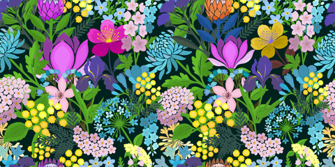 Blooming Meadow Boho dark Seamless Pattern. Ditsy Print. Wildflowers Vintage Background. Simple Different Small Flowers. Millefleurs Liberty Style Floral Design For Fabric, Paper, Surface Design.