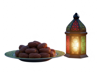Traditional lantern and plate of dates for ramadan or eid celebration on transparent background