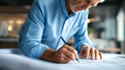 Faceless architect designer marking detailed blueprints plans defocused home renovation project background design planning documentation construction architectural drawings - Powered by Adobe