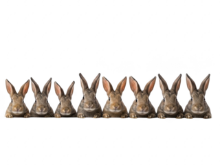 Row of cute bronze bunny statues on transparent background for easter or spring