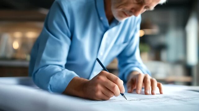 Faceless architect designer marking detailed blueprints plans defocused home renovation project background design planning documentation construction architectural drawings