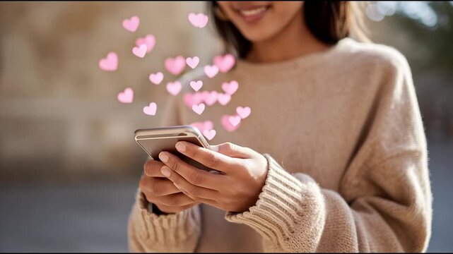A woman enjoys her smartphone on Valentine's Day, surrounded by floating heart graphics. She is smiling and wearing a cozy sweater, creating a warm and romantic atmosphere.