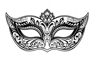 An ornate masquerade ball mask in black and white for carnival or party isolated on transparent background
