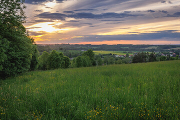 Rural landscape in Miedzyrzecze Gorne village in Silesia region of Poland