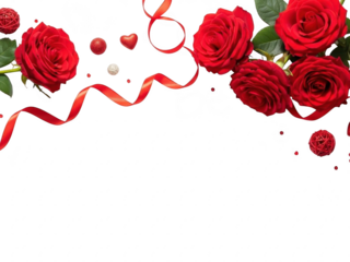 Red roses and red ribbon on a transparent background with hearts and pearls