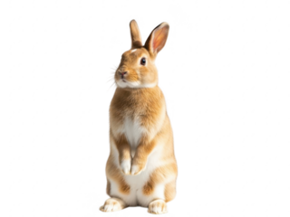 A brown and white rabbit sitting on a transparent background looking alert