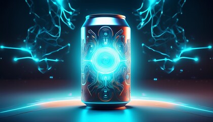 energy drink can with a glowing energy core pulsing light cybernetic theme