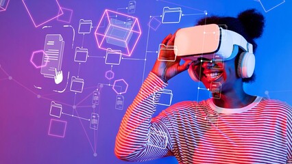 A joyful woman engages with the world of virtual reality, wearing a headset and surrounded by colorful holographic graphics, showcasing modern technology and immersive experiences. Raster