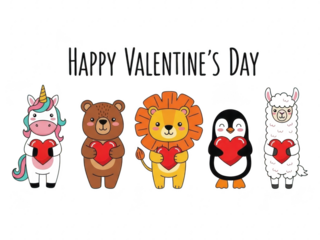 Cartoon animals holding hearts in a row on valentines day isolated on transparent background