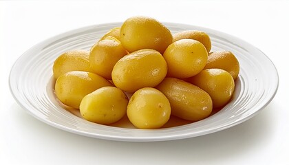 white plate of peeled boiled potatoes isolated on white background