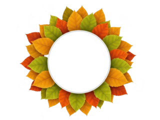 Autumn leaves frame with white circle on transparent background