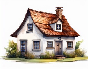 a quaint small white house with a brown roof stand isolated on white background