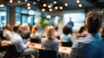 Defocused business meeting presentation, blurred corporate communication, professional seminar scene, with copy space