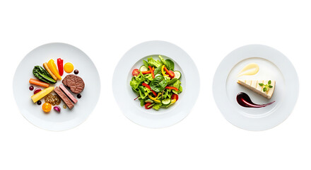 Three plates of food, isolated on transparent background