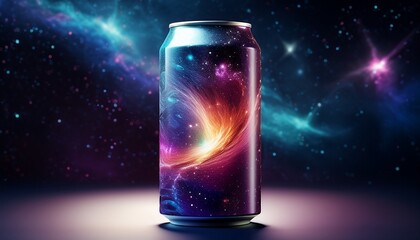 energy drink can with a cosmic nebula inside starry galaxy effect dark background