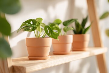 Fototapeta premium Stylish indoor plants on a wooden shelf