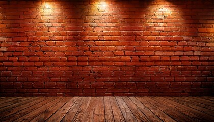textured red brick wall background with wooden floor and industrial lighting for creative spaces