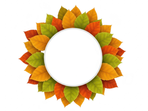 Autumn leaves frame with white circle on transparent background - Powered by Adobe