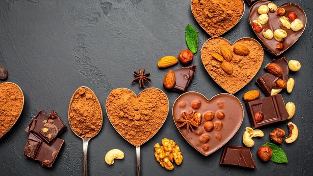 Assortment of chocolate, cocoa powder, spices, and nuts arranged on a dark, textured surface